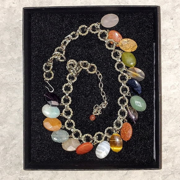 VINTAGE MULTI-WIRED SILVER NATURAL & SYNTHETIC GEMSTONE DANGLE NECKLACE UPTO 18" - Picture 7 of 11